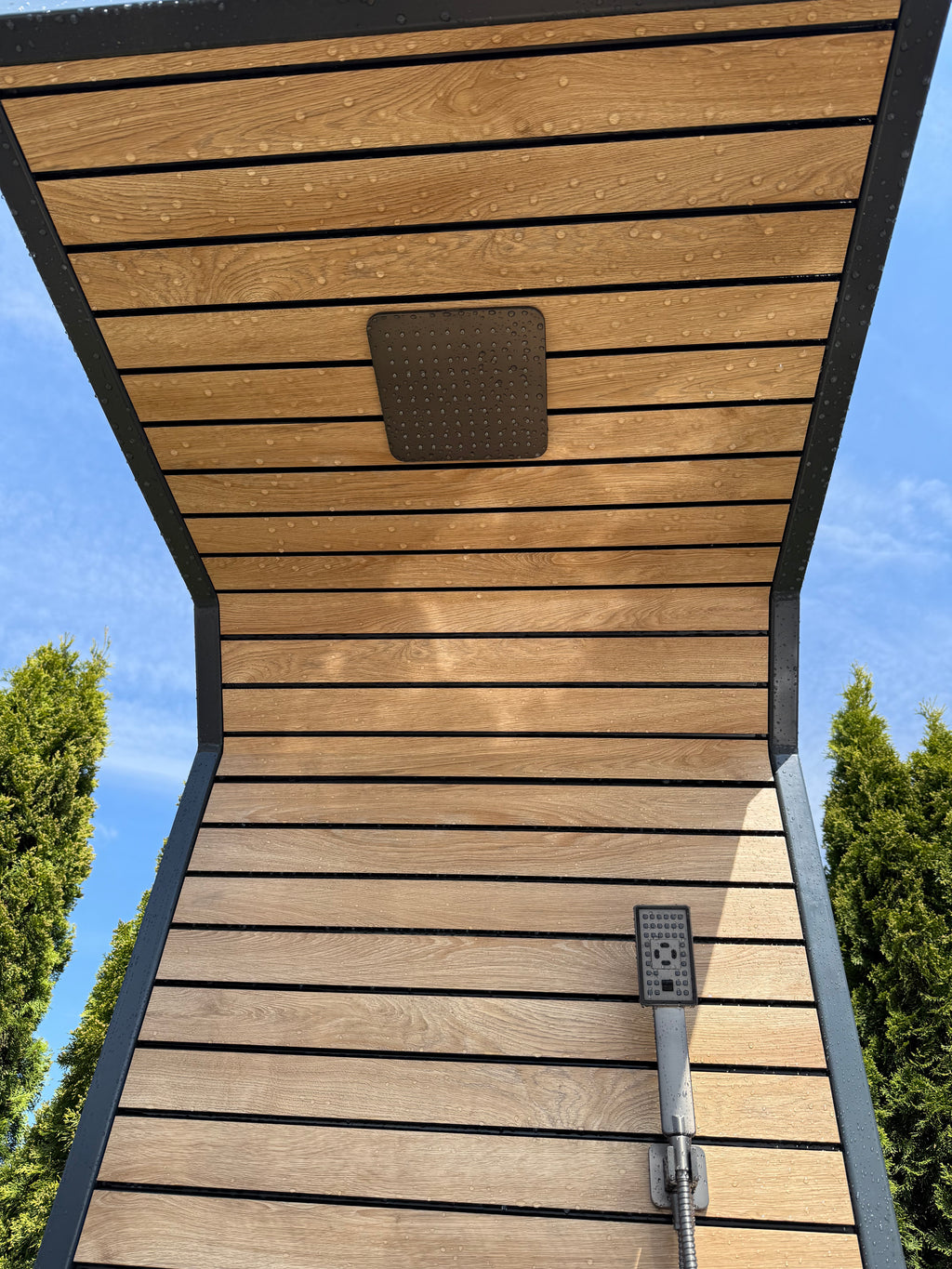 Nordic QUBE Outdoor Shower – Wood, Steel & LED Lighting